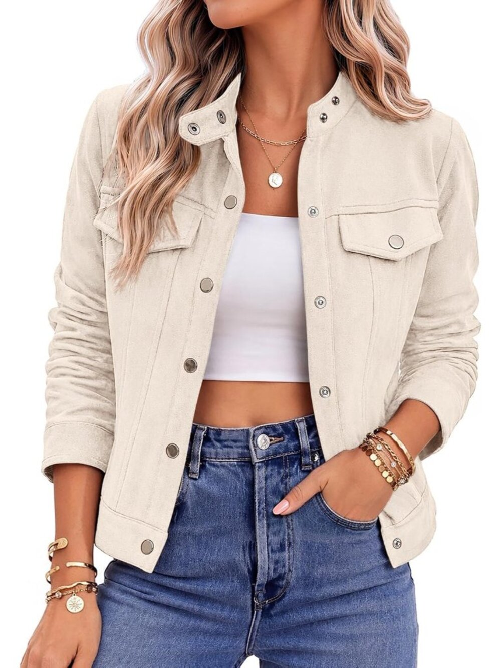 Women's Beige Faux Suede Cropped Shacket Button Down Collared Fall Jacket